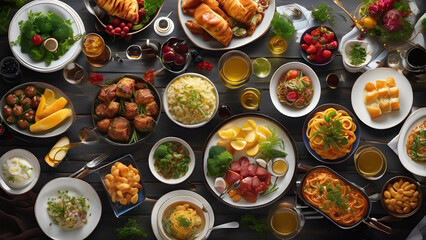 set of kinds of food on the table, table setting with multiple foods, ai generated
