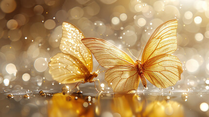   Yellow butterflies perched on water, droplets on their wingtips