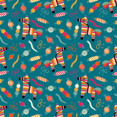 Seamless pinata pattern. Party repeated background. Pinata and sweets backdrop. Vibrant party wallpaper. Surprise for kids, funny toy and sweets. Paper horse. Perfect for wrapping, packaging design. 
