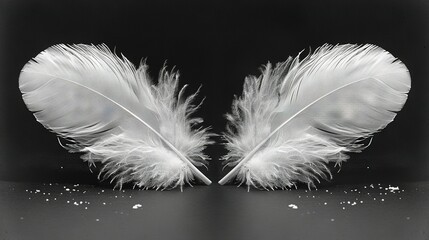  Monochrome image of two white feathers against dark background with subtle sparkle