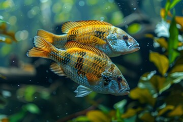 Fototapeta premium Tilapia swimming in a freshwater pond, representing aquaculture. 
