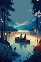 Serene Lakeside Evening with Couple in a Boat Under Starry Sky. Vector illustration for jewish holiday Tu B' av