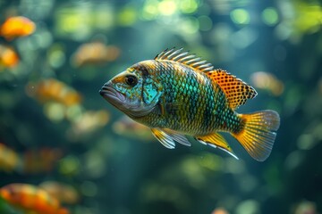 Tilapia swimming in a freshwater pond, representing aquaculture. 