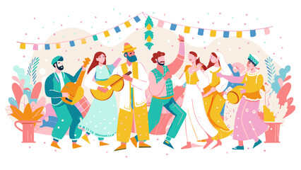 Vibrant Folk Music Celebration with Joyful Dancers and Musicians. Vector illustration for jewish holiday Tu B' av