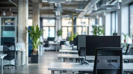 An open-plan office environment with unused desks and state-of-the-art equipment, highlighting the concept of unexplored business territories, with significant copy space