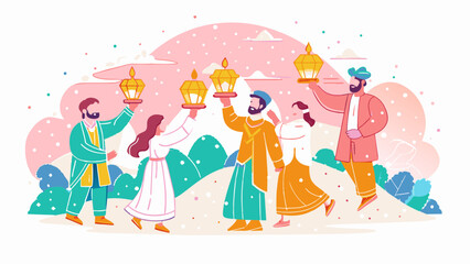Fototapeta premium Celebrating Traditional Lantern Festival with Joyful Characters Illustration. Vector illustration for jewish holiday Tu B' av