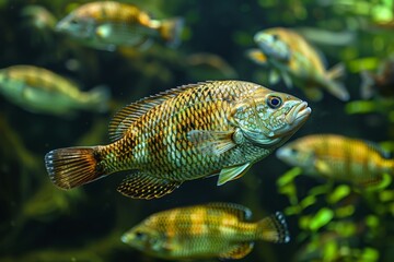 Obraz premium Tilapia swimming in a freshwater pond, representing aquaculture. 
