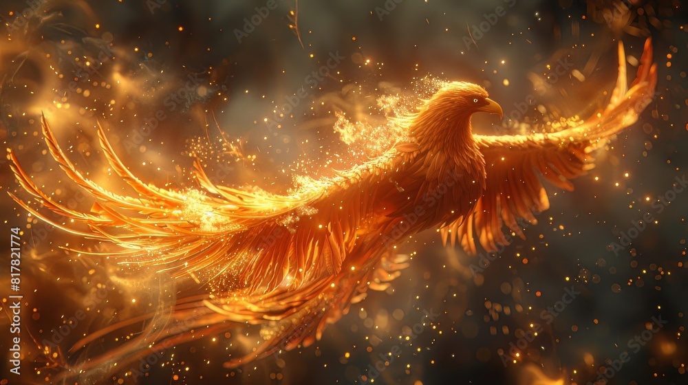 Wall mural Phoenix bird fire fantasy firebird abstract magic 3D eagle animal. Phoenix bird fire tale character illustration render hawk fairy wings graphic feather gold background fenix logo icon red art pheonix