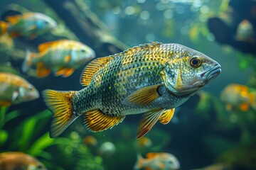 Fototapeta premium Tilapia swimming in a freshwater pond, representing aquaculture. 