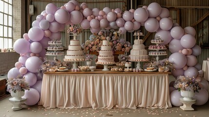   Pink and purple balloon-topped table with cake and cupcake decoration