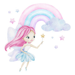 Cute little fairy with light blue wings, stars and rainbow. Isolated hand drawn watercolor illustration. Design for kid's goods, clothes, postcards, baby shower and children's room