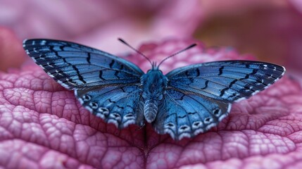   A close-up of a blue butterfly on a pink flower with pink petals in the background