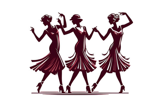 Charleston party. Dancing girls silhouette. Gatsby style set. Group retro woman dancing charleston. Vintage style, retro silhouette dancer.1920 party swing dancing girls