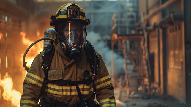 Firefighter in Full Gear: Dressed in full firefighting gear, a firefighter prepares to enter a burning building, equipped with an oxygen tank, helmet, and protective clothing 