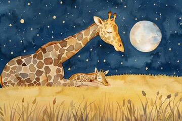 Serene Nighttime Safari Sleeping Giraffe Mother and Baby Under Starry Sky
