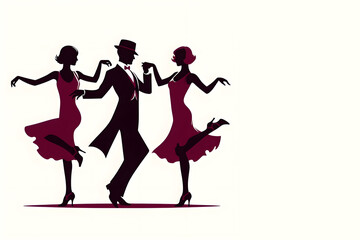 Charleston party. Two girls and a man silhouettes. Gatsby style set. Group of retro people dancing the charleston. Vintage style, retro silhouette dancer.1920 party swing dancing girls and man