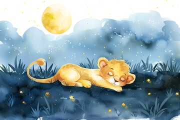 Peaceful Nighttime Slumber of Lioness and Her Cub in Dreamy Starry Landscape