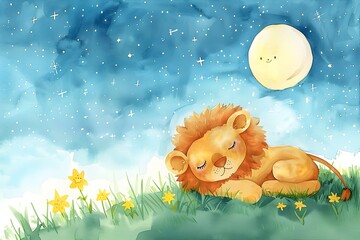 Sleeping Lion Cub Under the Starry Night Sky in Whimsical Watercolor