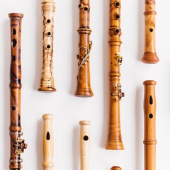 Fototapeta premium Assorted wooden flutes arranged neatly on a plain white background