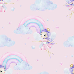 Little fairy with crown, rainbow, clouds and stars. Children's background. Watercolor baby seamless pattern for design kid's goods, postcards, baby shower and children's room © Fedulova_art