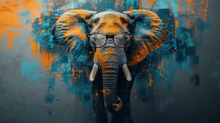   A painting of an elephant splattered with orange and blue paint on its face and tusks