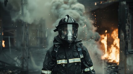 Fototapeta premium Firefighter in Full Gear: Dressed in full firefighting gear, a firefighter prepares to enter a burning building, equipped with an oxygen tank, helmet, and protective clothing 