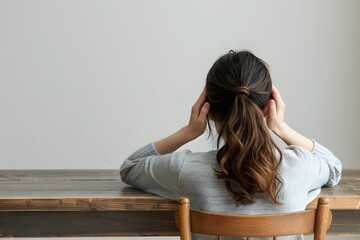 Pensive Woman Sitting Alone with Head Bowed and Hands Covering Ears Against White Wall Background
