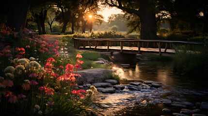 Obraz premium Serene bridge over river adorned with pink and white flowers at sunset