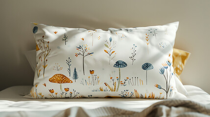 A decorative pillow with forest illustrations on a bed during daylight
