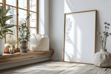 Minimalist A4 Poster Frame Mockup on Wooden Ledge in Bright Living Room Interior