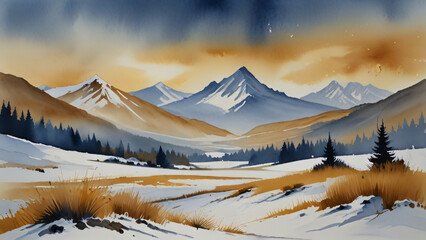 landscape, mountains, snow, watercolor