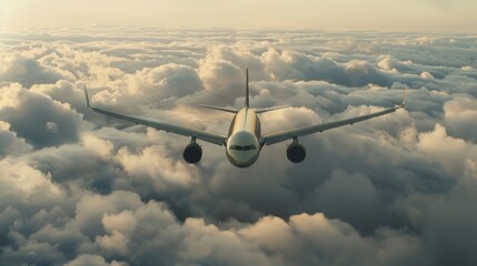Fototapeta premium A passenger plane flying between cloud layers. Front view of the aircraft.