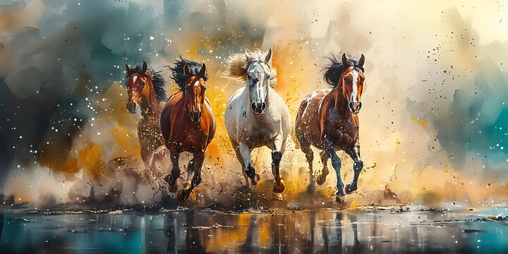 Horses running in water, digital painting of horses in motion.