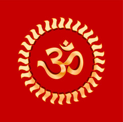 Hindu holy symbol Om in golden color icon. Art