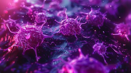 A closeup view of cancer cells under a microscope, rendered in purple hues against a somber, dark background to highlight their malignancy