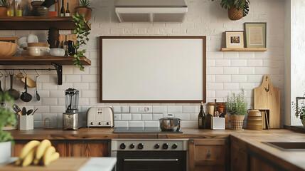 Modern kitchen interior with open shelving and a blank wall for decor, featuring appliances and fresh produce