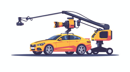 Car with camera attached to arm of crane-fly system.