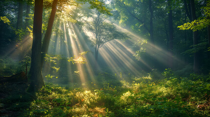 Beautiful rays of sunlight in a green forest at morning.