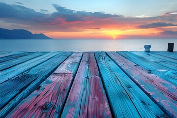 Serene Sunset View from Colorfully Painted Wooden Pier