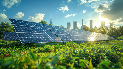 Eco energy renewable solar panel plant in urban landscape