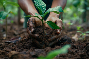 hands giving soil to seedlings