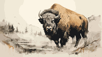Impressionistic vector painting of a bison amidst a serene woodland setting © Wirestock
