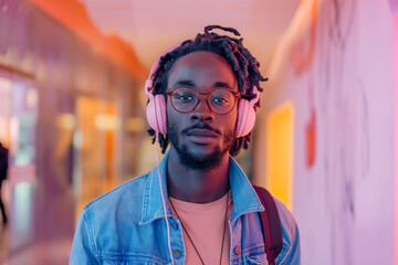 Portrait of casual man listening to music