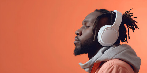 portrait of casual man with eyes closed listening to music