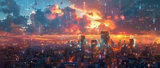A stunning image of a futuristic metropolis at sunset, with glowing lights and a vibrant sky. The scene highlights the blend of technology and natural beauty in a modern urban environment.