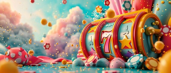Fototapeta premium Playful and Colorful Slot Machine with Floating Chips in a Dreamy Setting