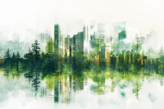 Double exposure of green forest and modern city. Blend between technology and. Eco-friendly living urban development. The concept of the evolution from industrial to sustainable design.