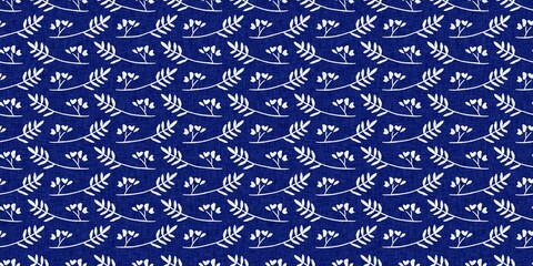 Indigo denim blue leaf motif seamless border. Japanese dye batik fabric style effect print banner swatch. 