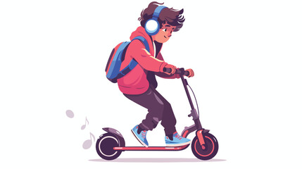 Child boy riding kick scooter. Teenager on eco friend