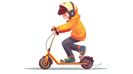 Child boy riding kick scooter. Teenager on eco friend